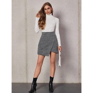 High Waist Plaid Tweed Wrap mini Skirt black white